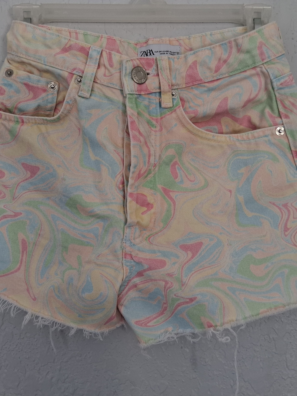 ZARA Womens Pastel Marble Tie Dye Denim Shorts Sz EUR 34 US 2 High Waist Raw